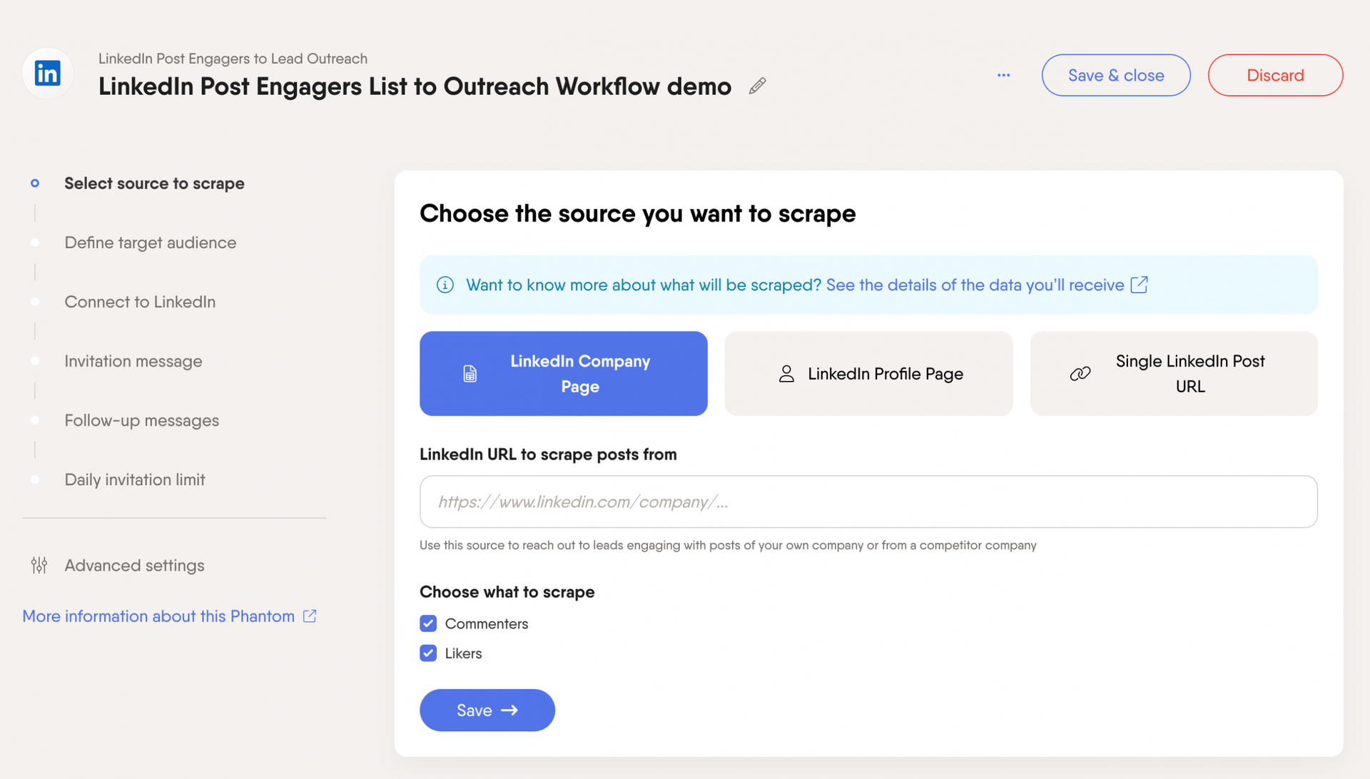 LinkedIn Post Engagers to Lead Outreach workflow setup steps