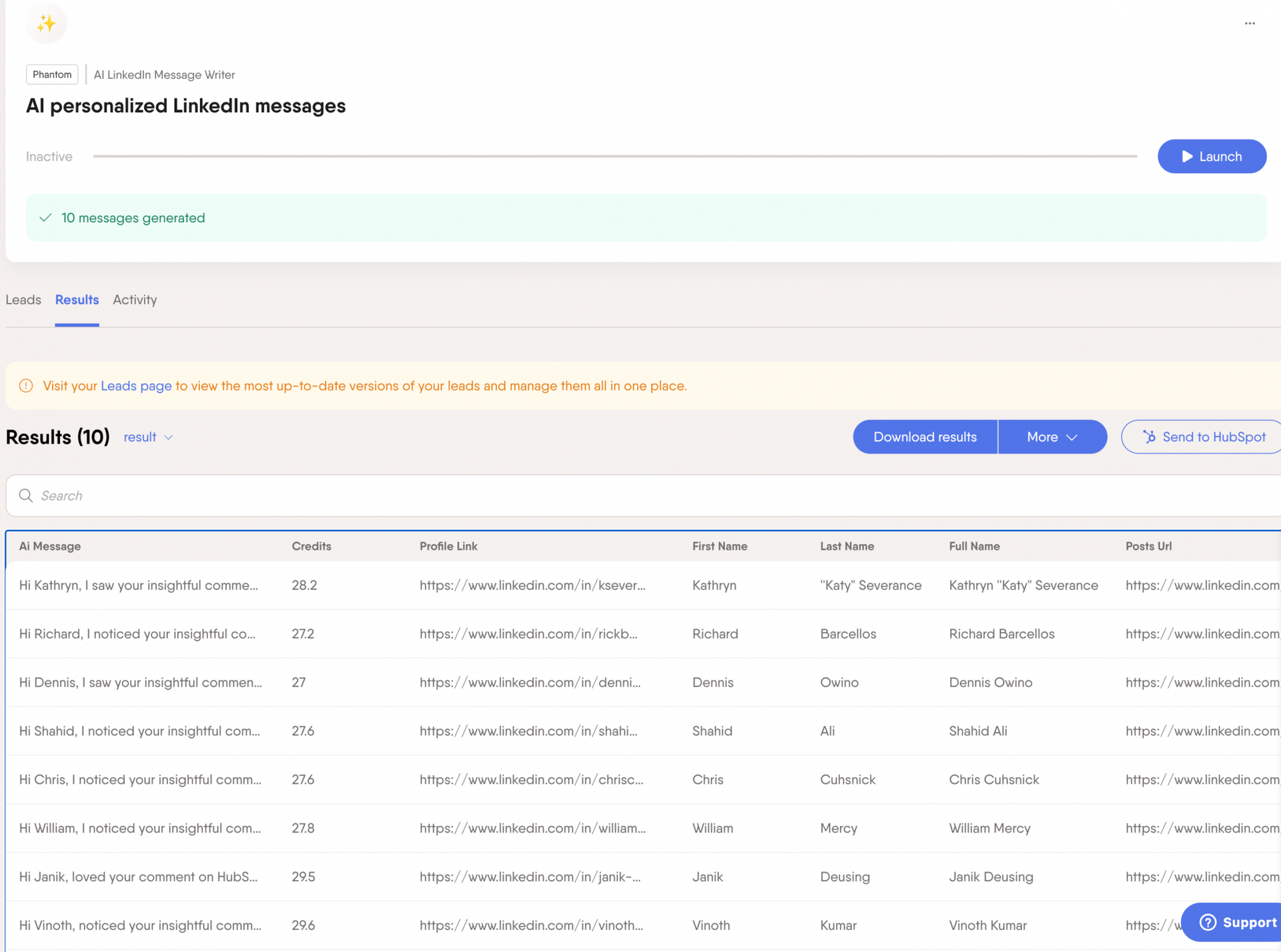ai-linkedin-message-writer-phantom-results-hubspot-list