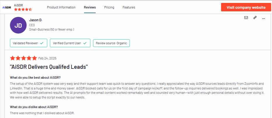 aisdr review g2 jason d aisdr delivers qualified leads