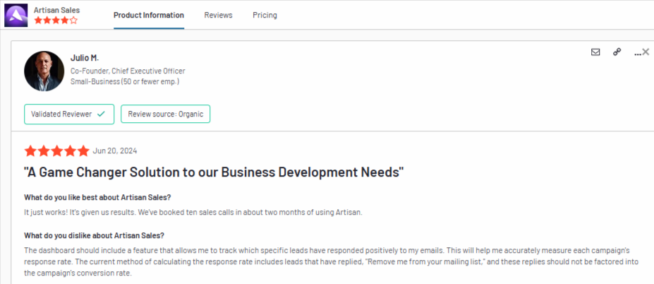artisan review g2 julio a game changer solution to our business development needs