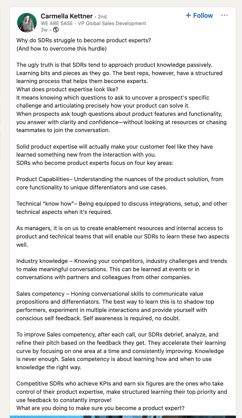 carmella-kettner-linkedin-post-how-can-salespeople-get-strong-product-knowledge