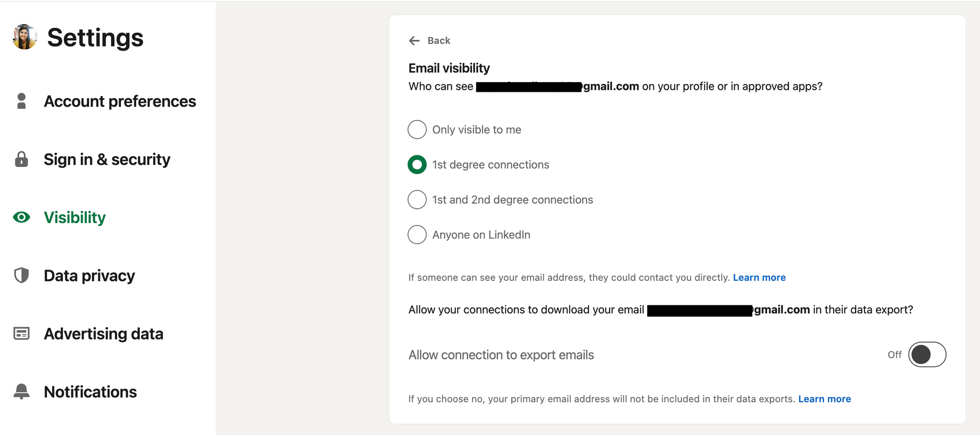email visibility options linkedin