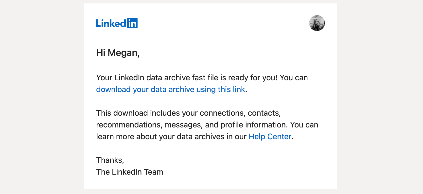 export connections linkedin success message