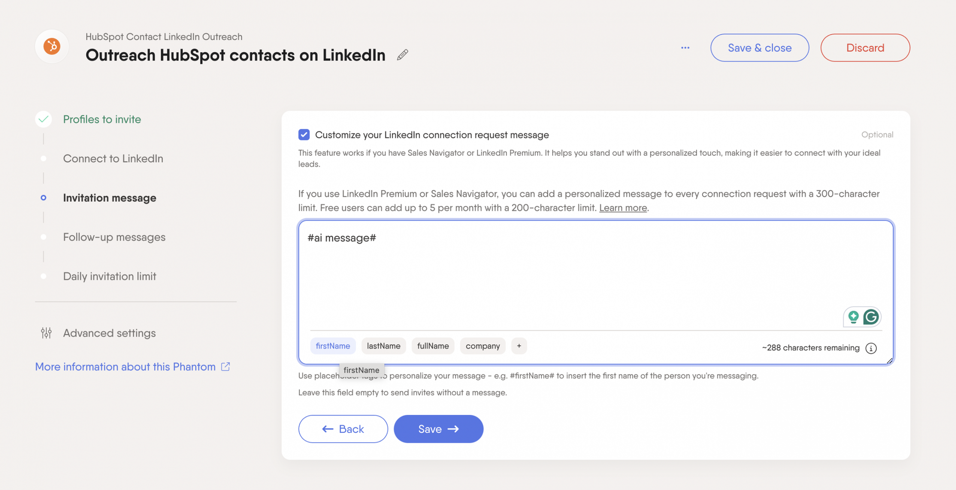 hubspot contact linkedin outreach ai message placeholder