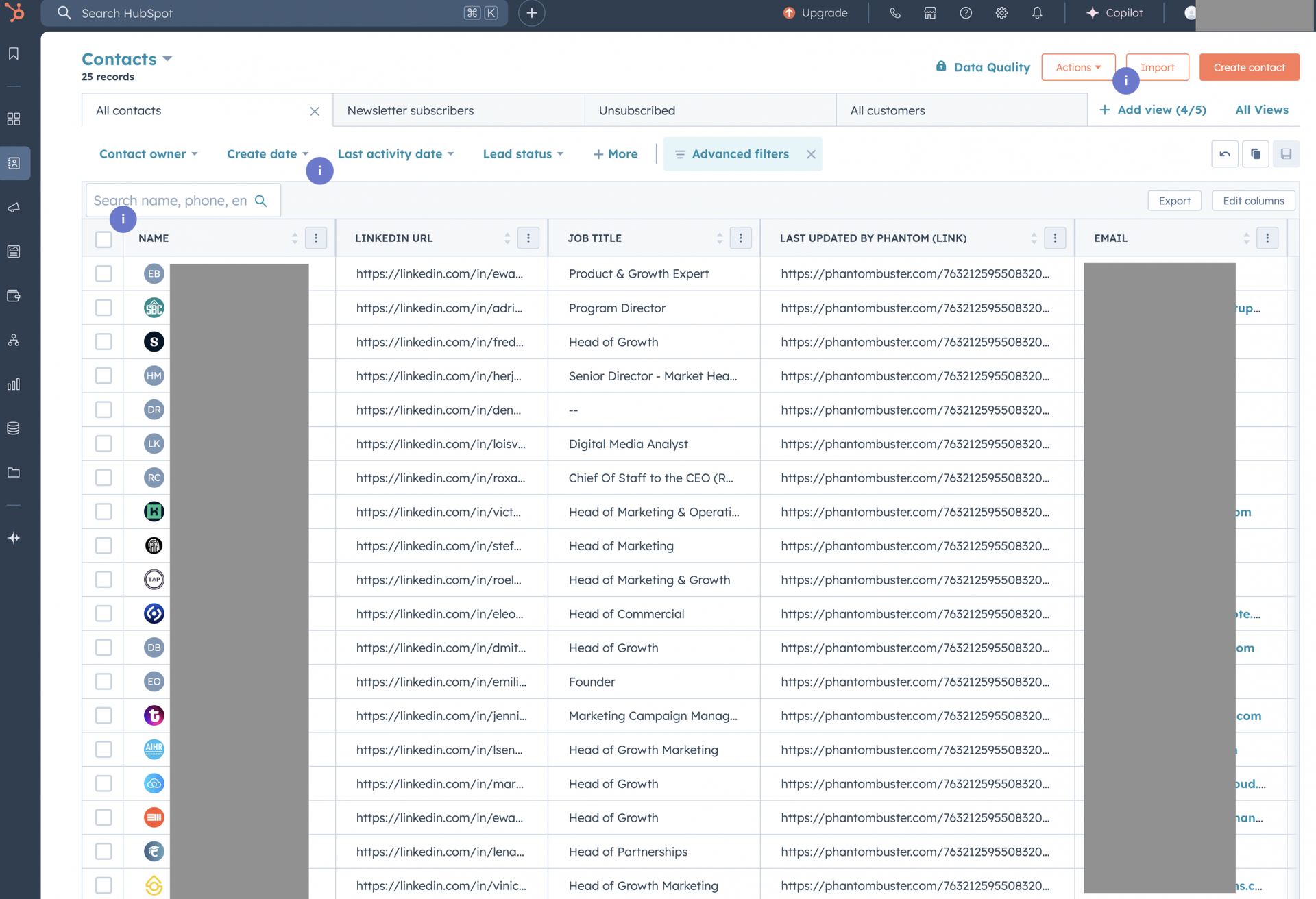 hubspot list enriched by phantombuster