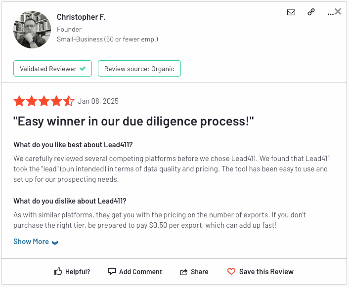 lead411-reviews-G2-easy-winner-in-our-due-diligence-process