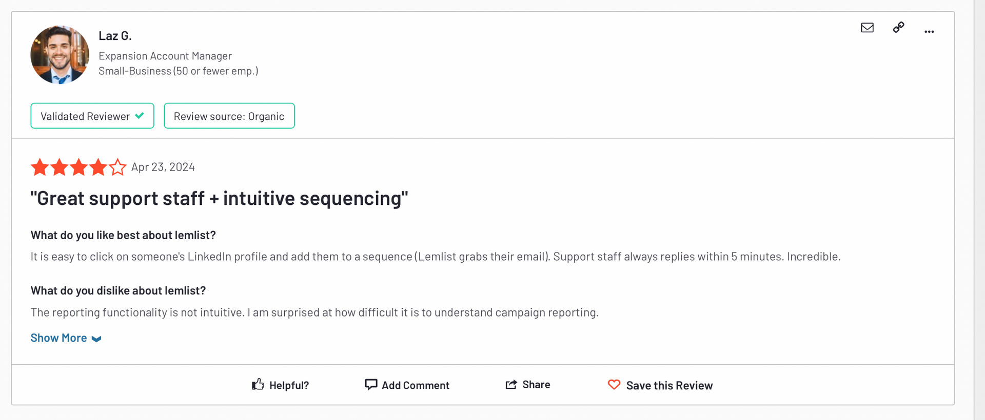 lemlist-g2-review-great-support-staff-+-intuitive-sequencing