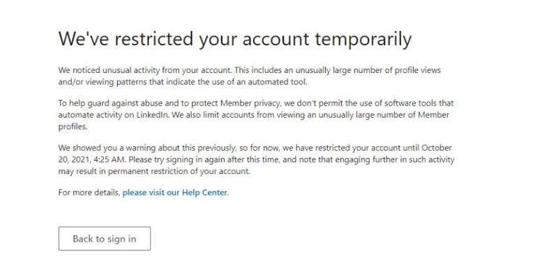 linkedin account warning temporary restriction
