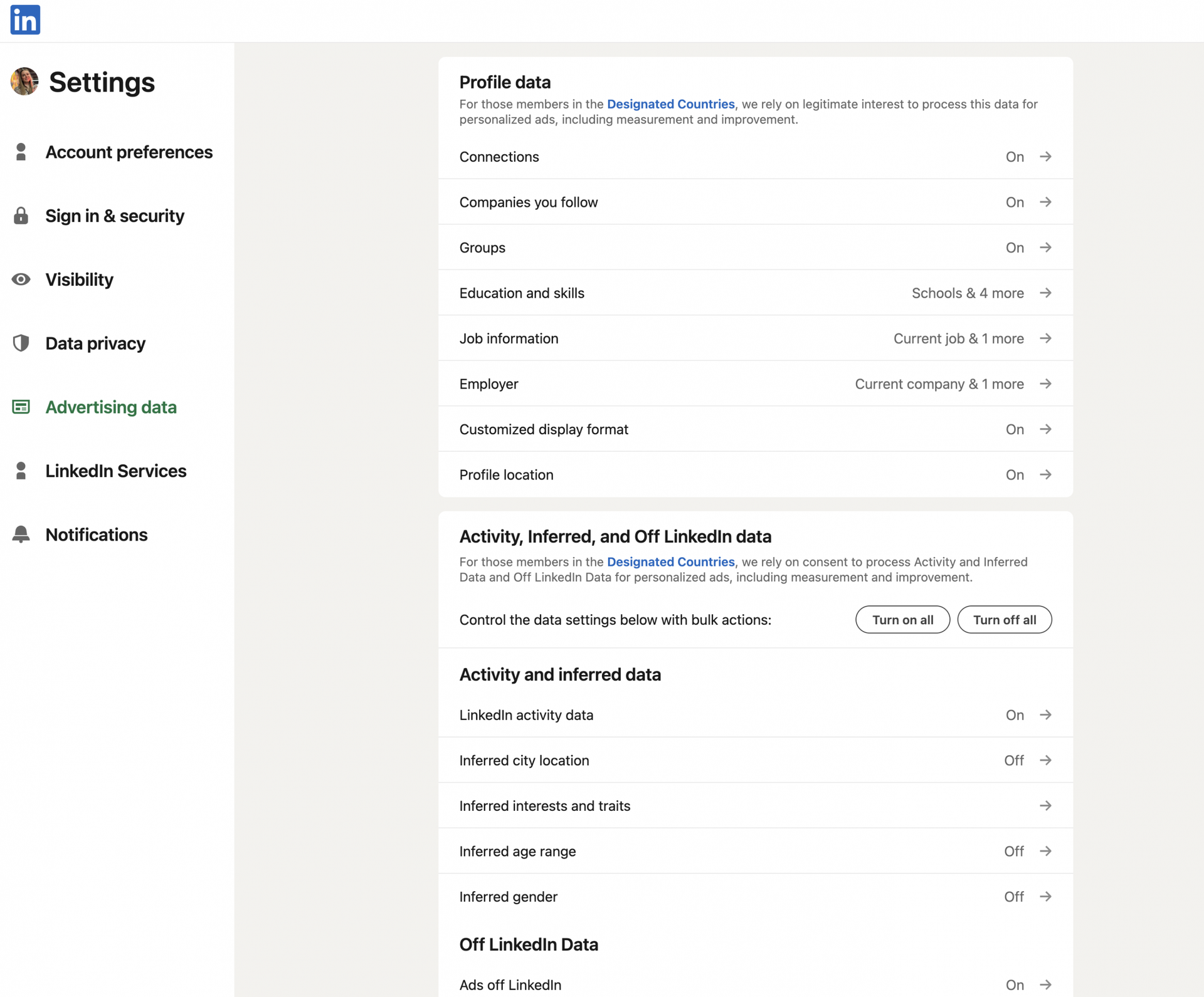 linkedin advertising data settings
