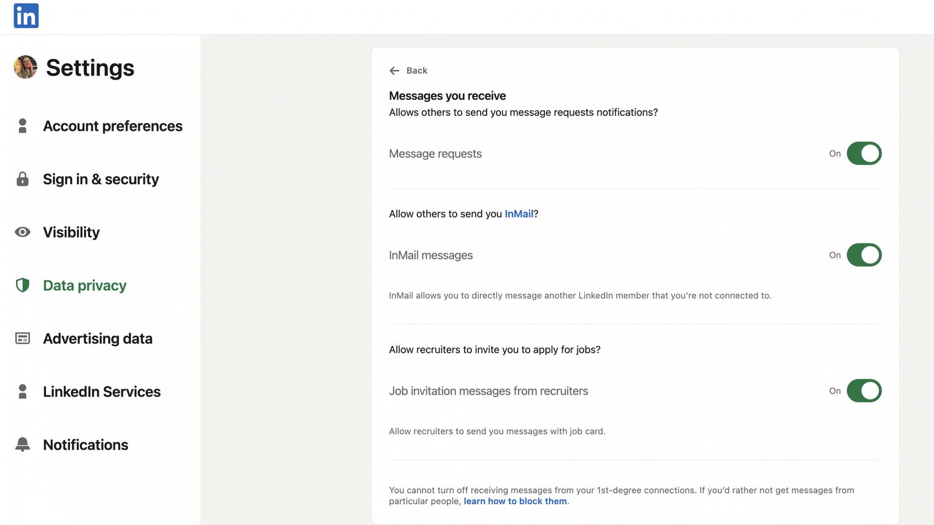linkedin data privacy settings who can reach you with messages
