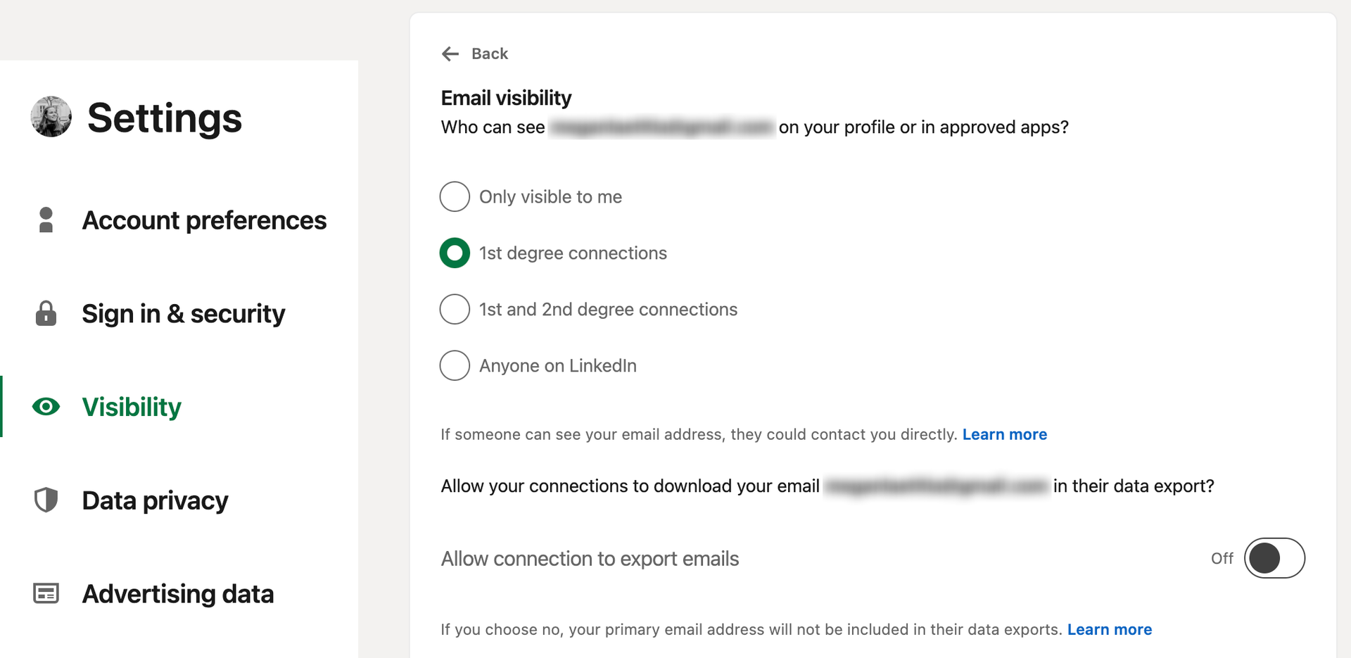 linkedin email visibility settings