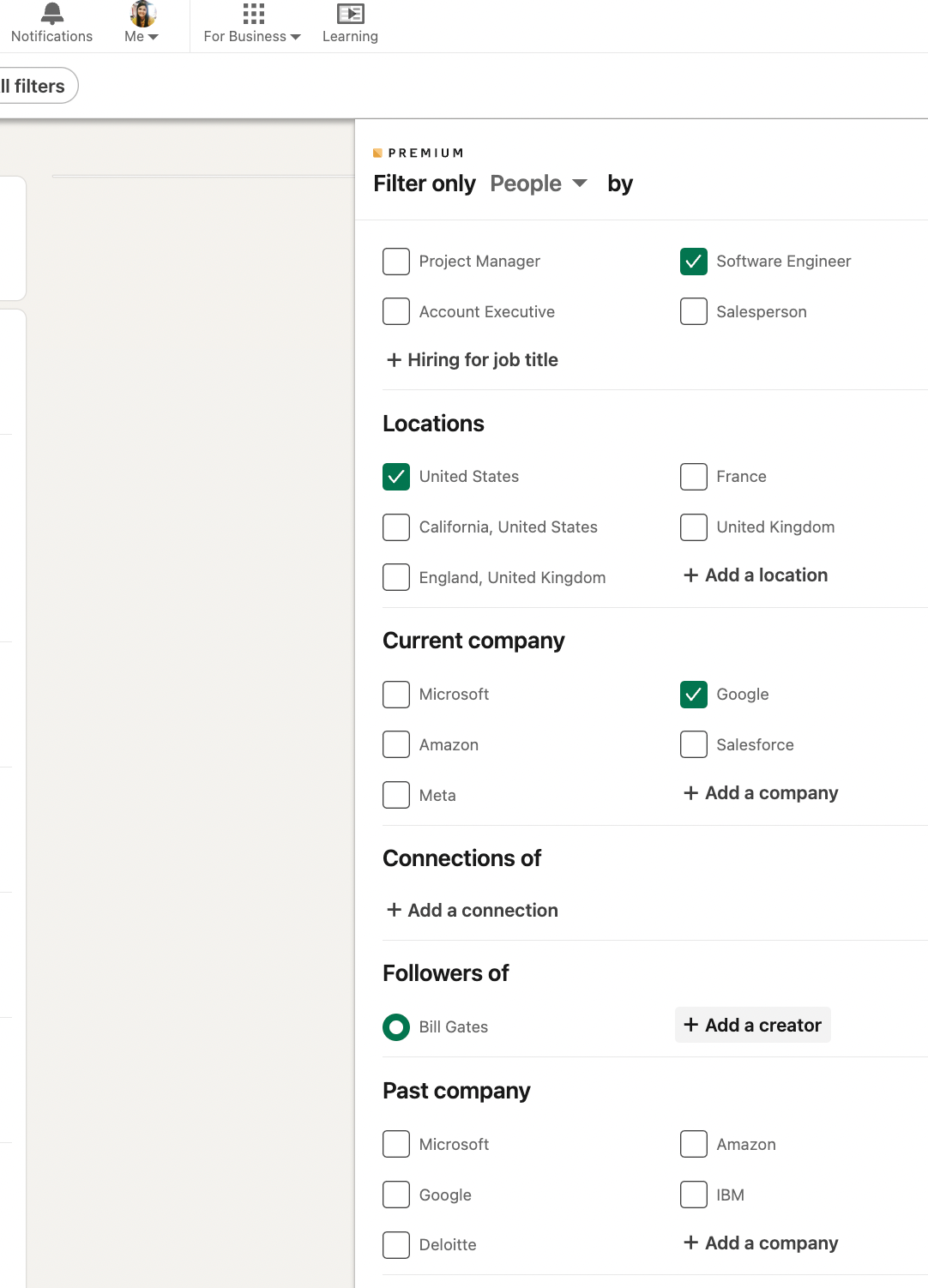 linkedin filters bill gates followers us working at google