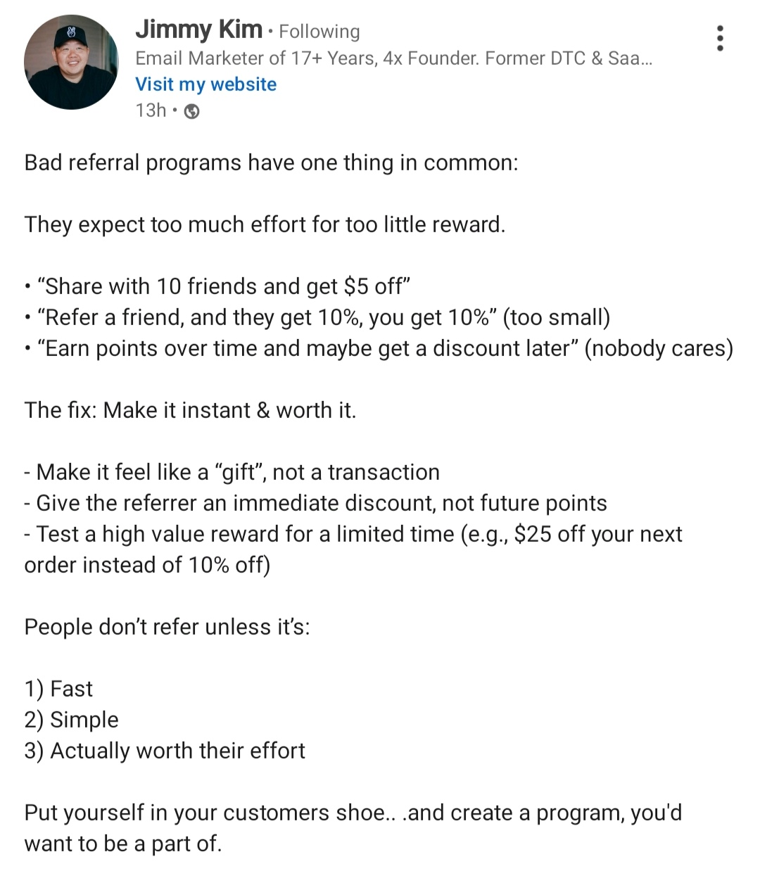 linkedin post jimmy kim on getting referrals