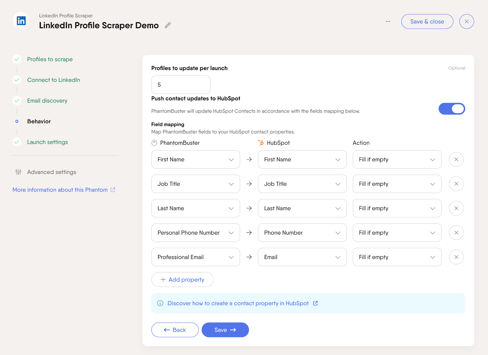 linkedin profile scraper behavior sync hubspot