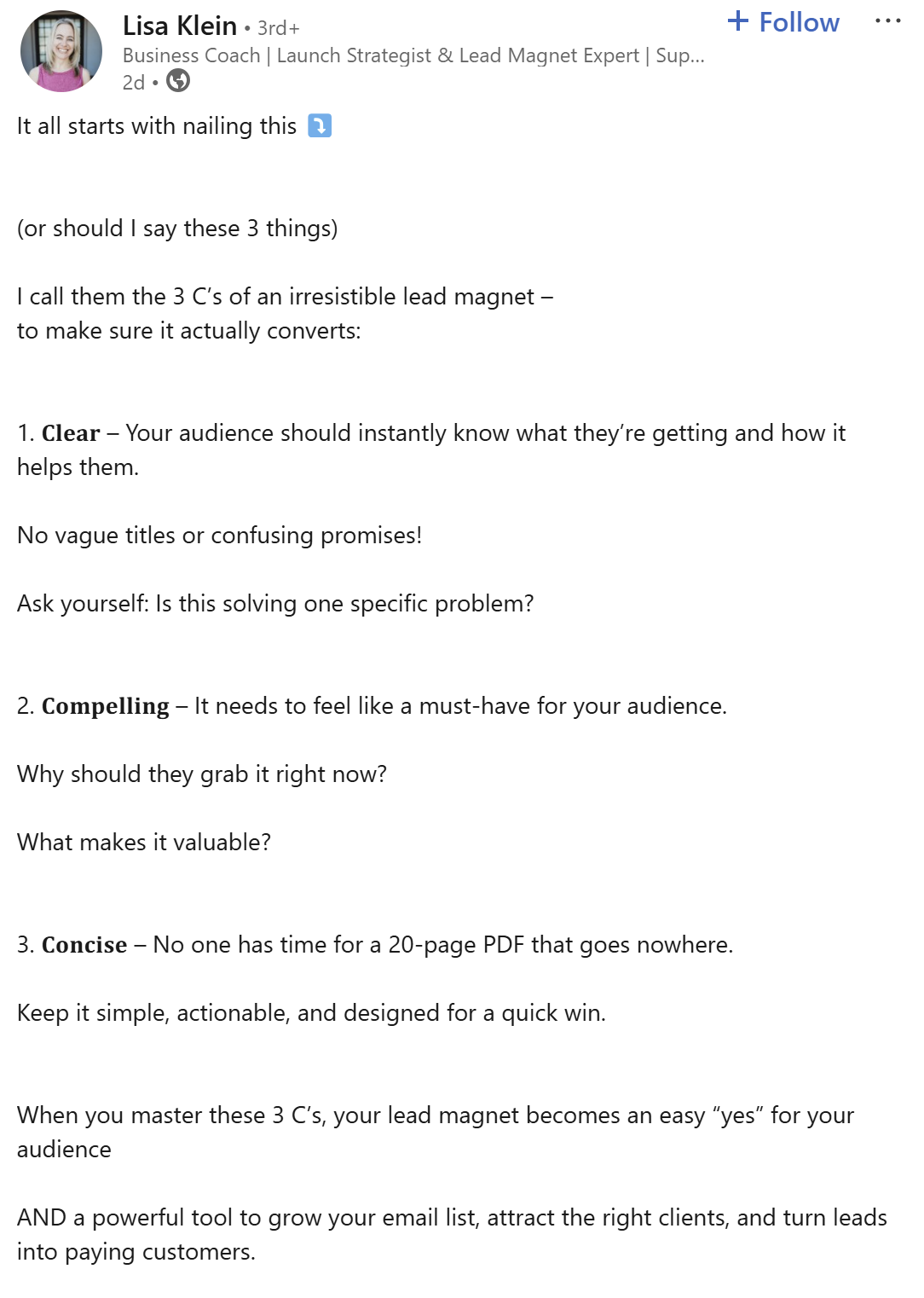 lisa-klein-linkedin-post-the-3-C's-of-an-irresistible-lead-magnet