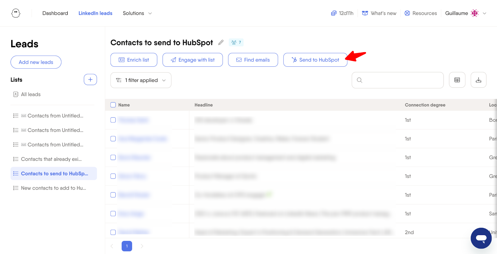 phantombuster lead lists contacts to send to hubspot