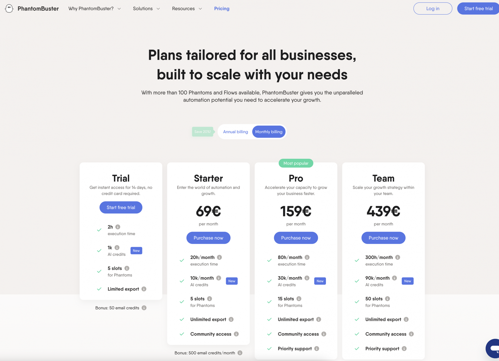 phantombuster pricing monthly
