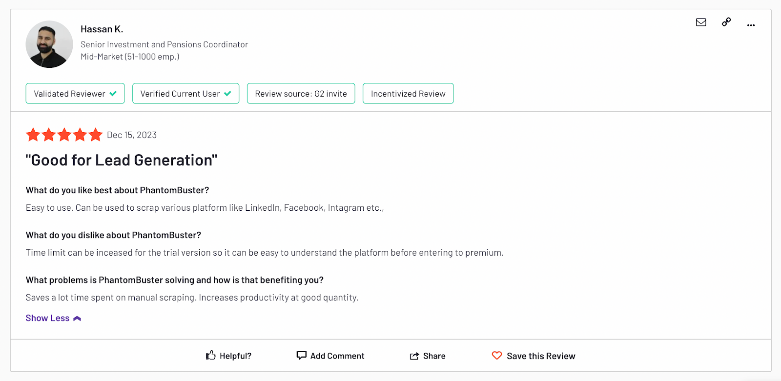 phantombuster review g2 hassan k good for lead generation 