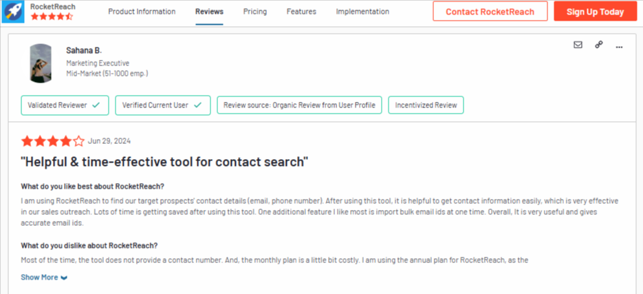 rocket reach review sahana b helpful and time effective for contact search