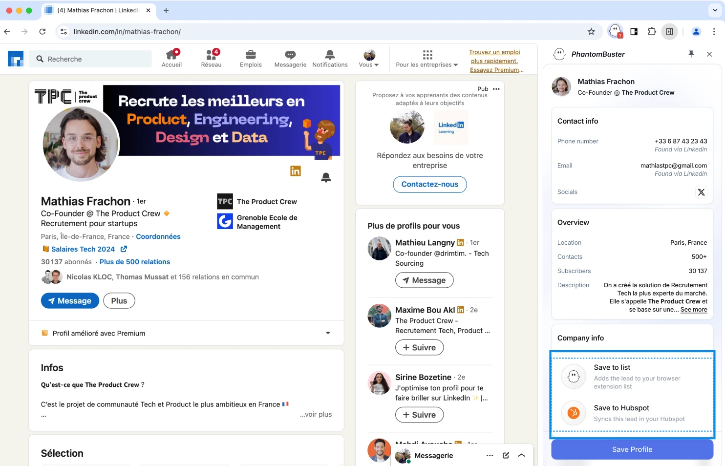 PhantomBuster Chrome extension in action