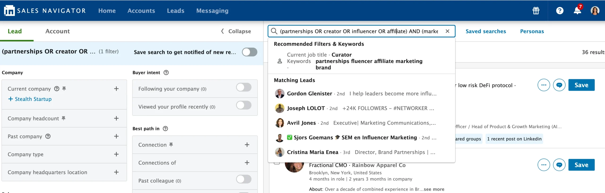 LinkedIn search filters interface