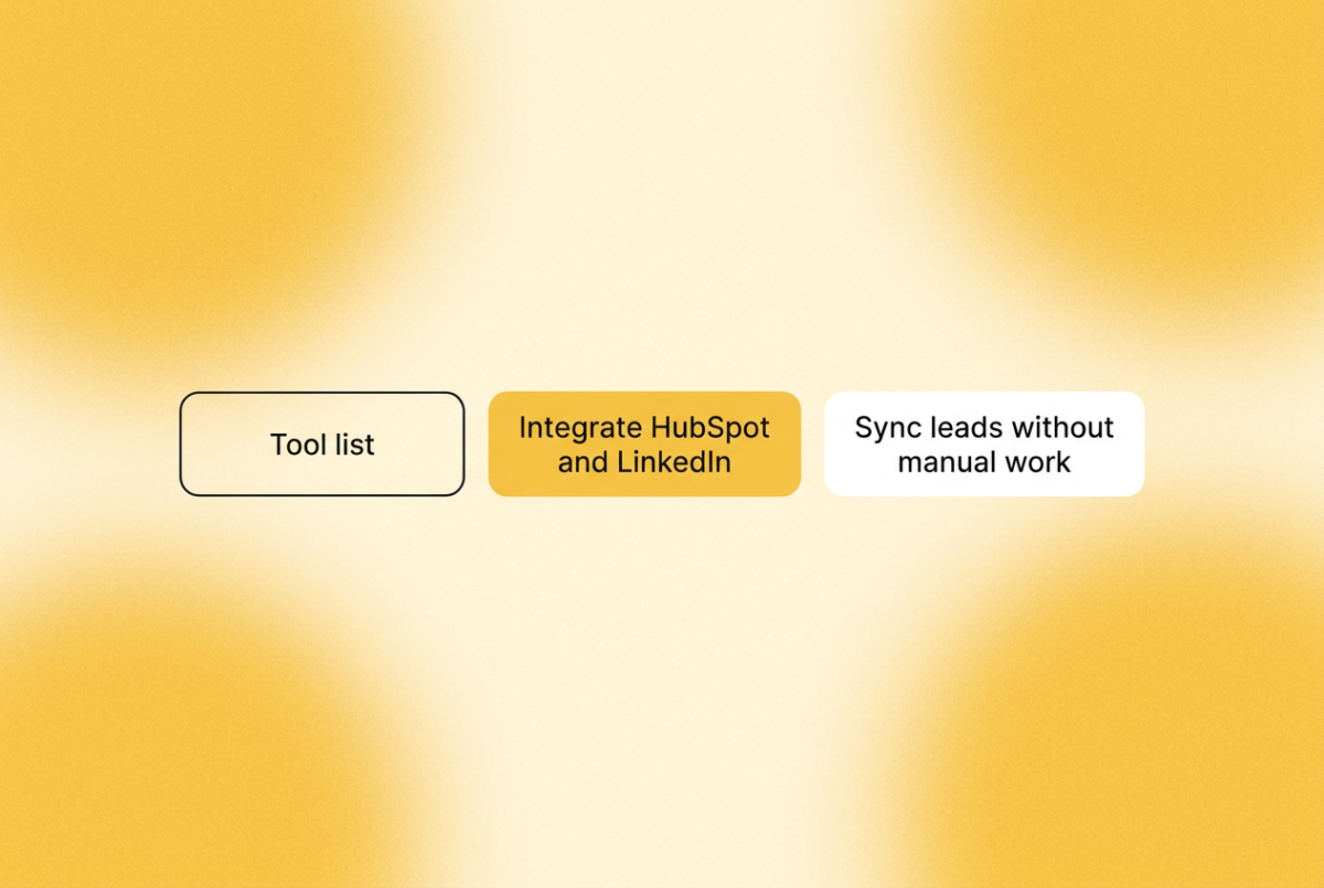 Three rounded-rectangle chips on a warm yellow gradient background. Chips say "Tool list," "Integrate HubSpot and LinkedIn," and "Sync leads without manual work"