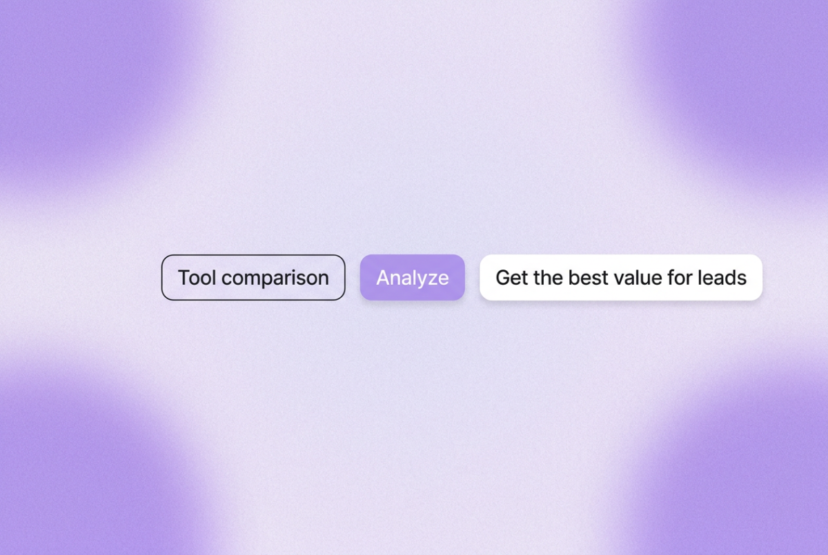 Three rounded-rectangle chips on a soft purple gradient background: "Tool comparison," "Analyze," and "Get the best value for leads"