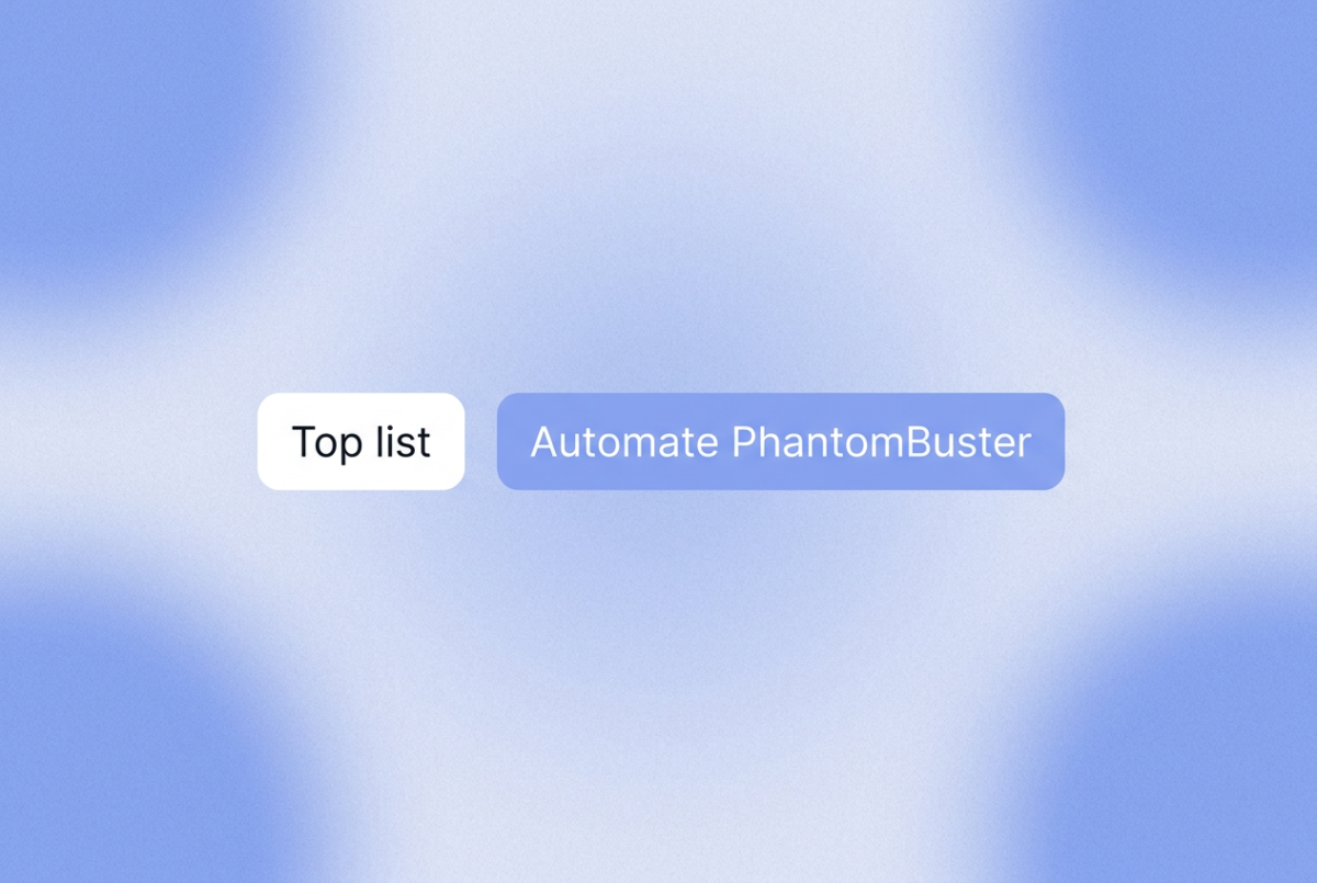 Rounded chips on a soft blue gradient background with "Top list" on the left and "Automate PhantomBuster" on the right