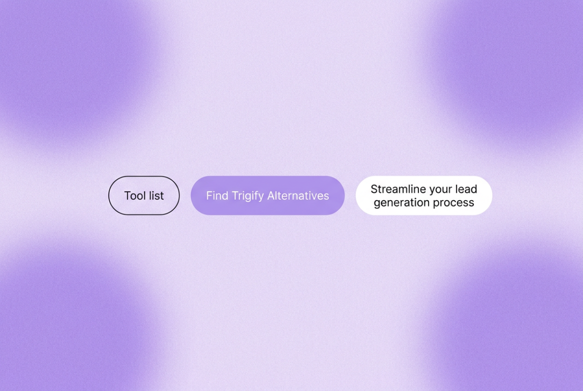 Three rounded-rectangle chips on a soft purple gradient background: "Tool list," "Find Trigify Alternatives," and "Streamline your lead generation process"