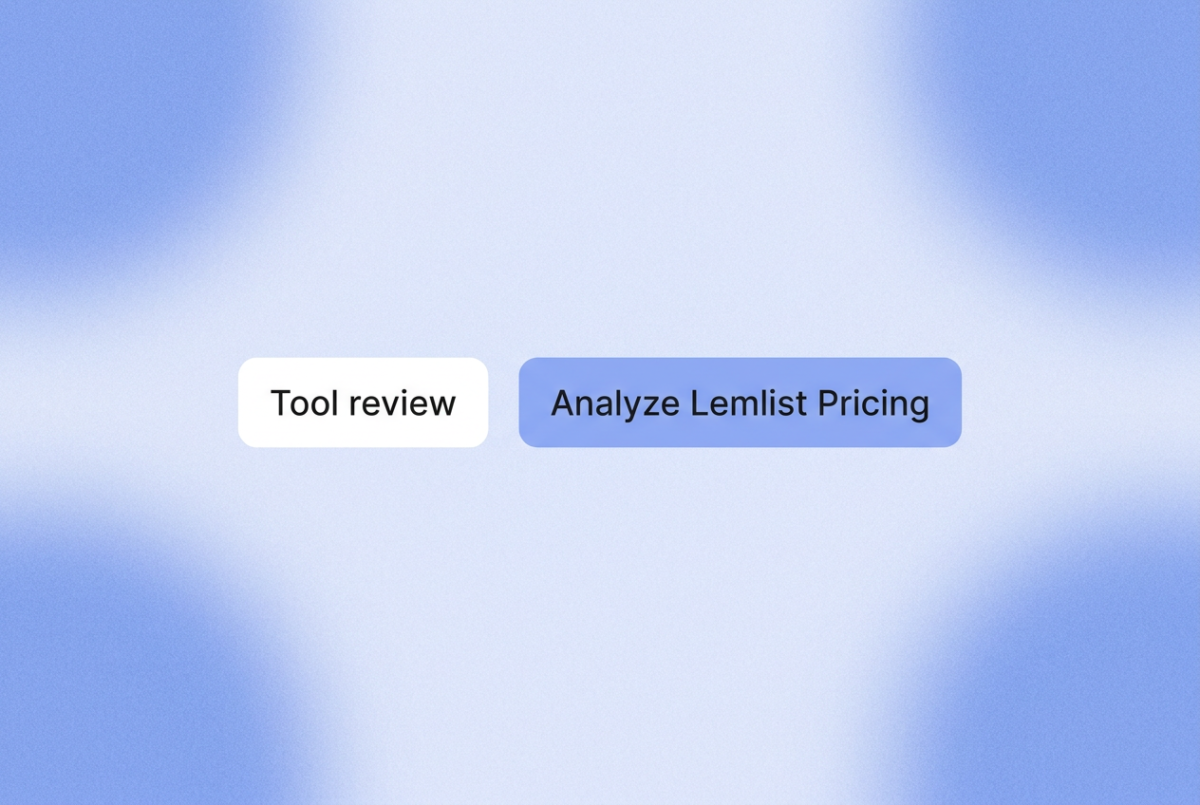 Two rounded-rectangle chips on a soft blue gradient background; left chip reads "Tool review," right chip says "Analyze Lemlist Pricing"