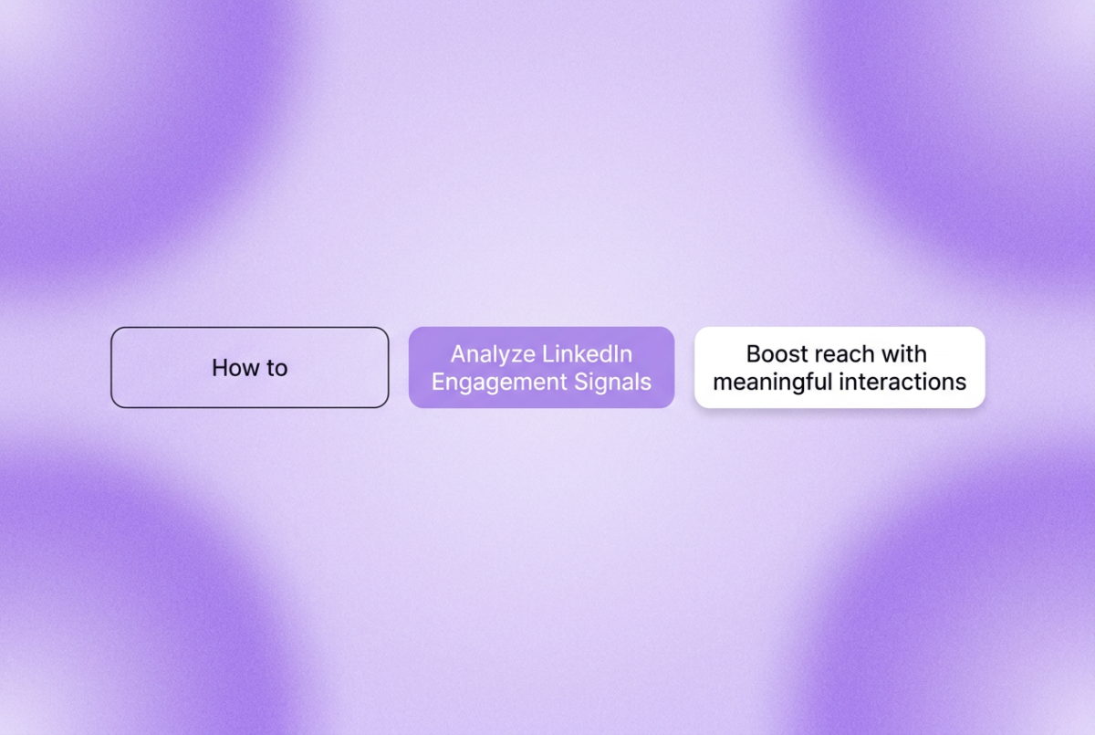 Three chips on a soft purple gradient background: "How to" with transparent outline, "Analyze LinkedIn Engagement Signals" in filled purple, "Boost reach with meaningful interactions" in white