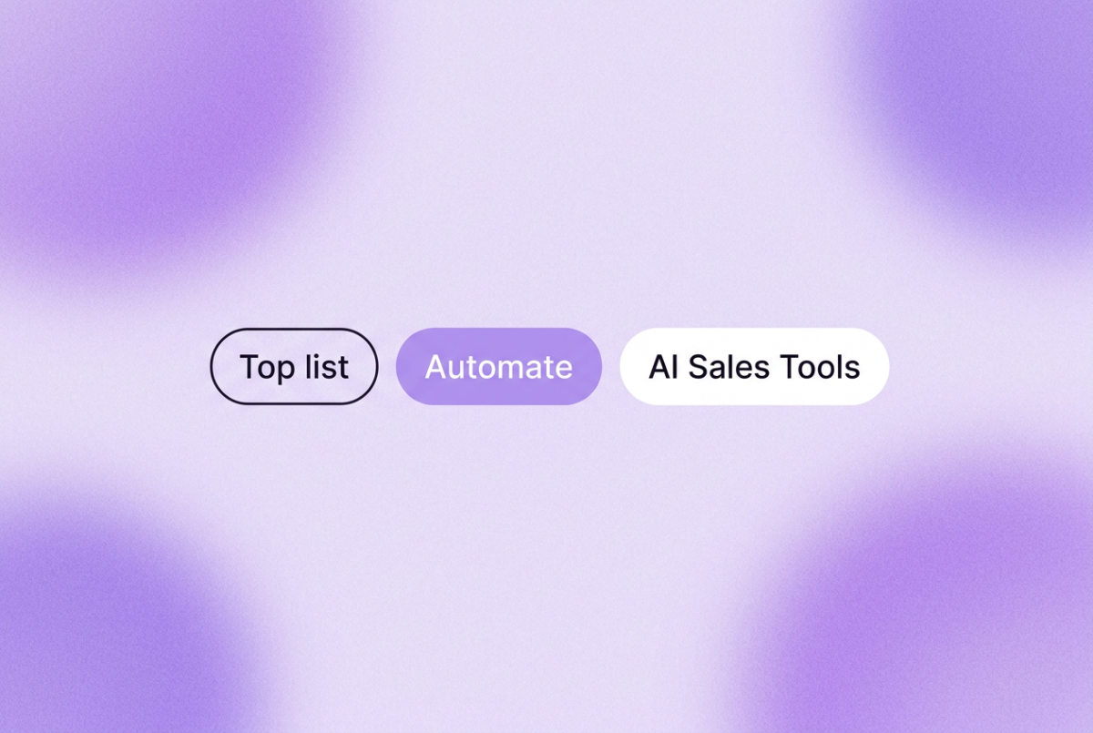 Three rounded chips on a soft purple gradient background: "Top list" on a transparent chip, "Automate" on a filled chip, "AI Sales Tools" on a white chip.