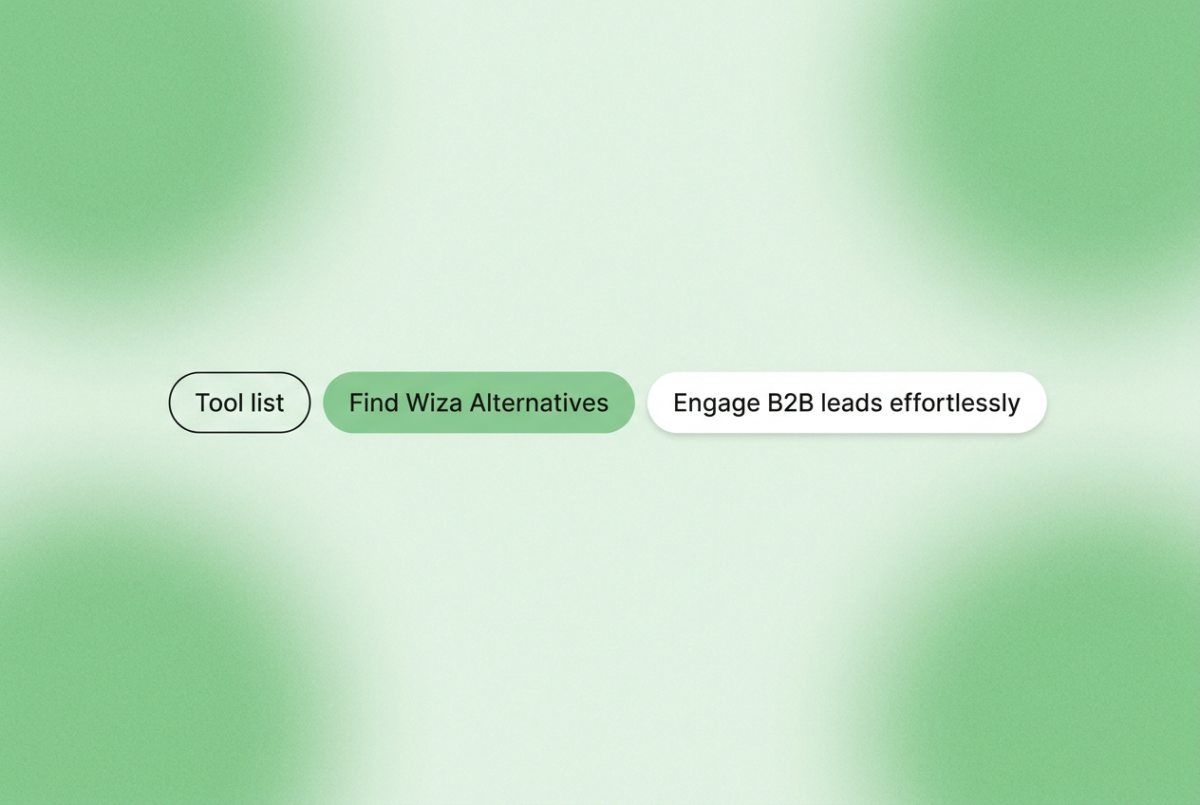 Three rounded-rectangle chips on a soft green gradient background: "Tool list," "Find Wiza Alternatives," "Engage B2B leads effortlessly"