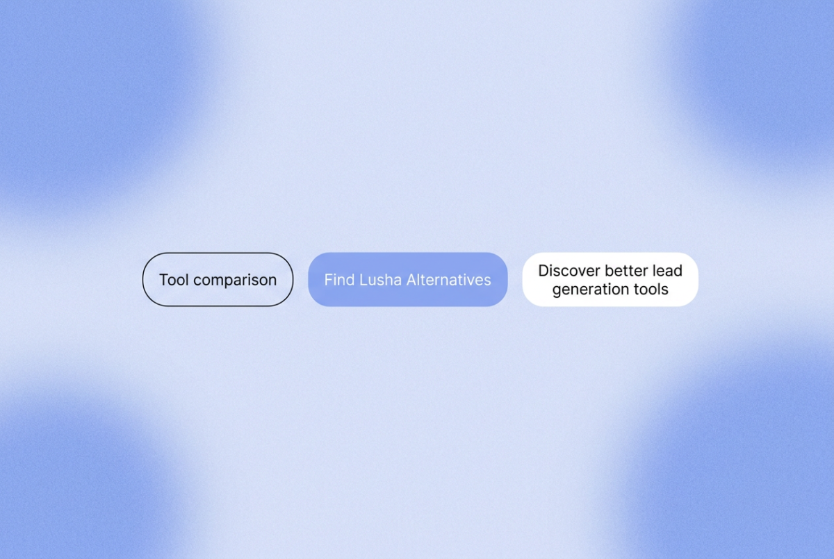 Three rounded-rectangle chips on a soft blue gradient background: "Tool comparison," "Find Lusha Alternatives," and "Discover better lead generation tools"