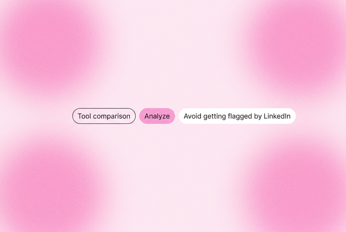 Three rounded-rectangle chips on a blush pink gradient background: "Tool comparison," "Analyze," and "Avoid getting flagged by LinkedIn"